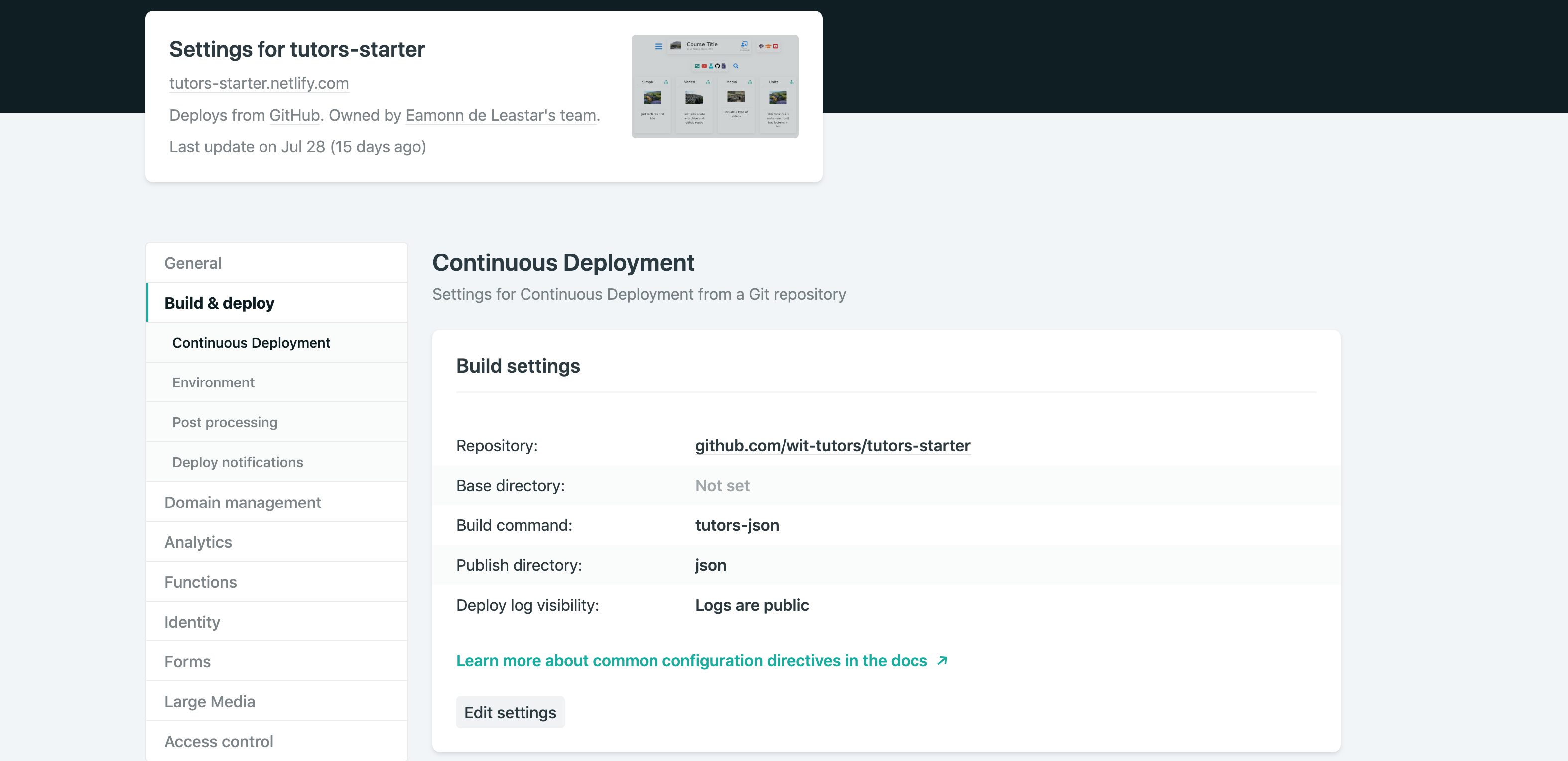 Deploy Settings